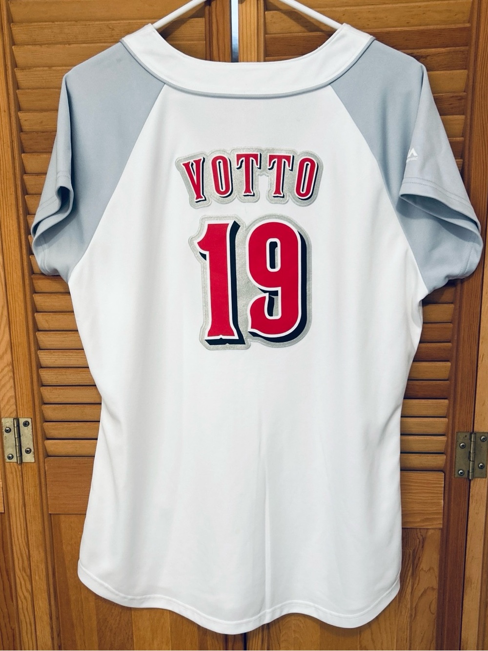 Majestic White and Gray Youth Baseball Jersey with Red Number 19